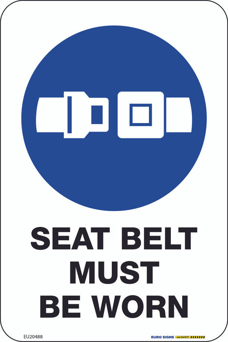 Sign SEAT BELT MUST BE WORN +graphic Blu/Blk/Wht - w100 x h150mm DECAL