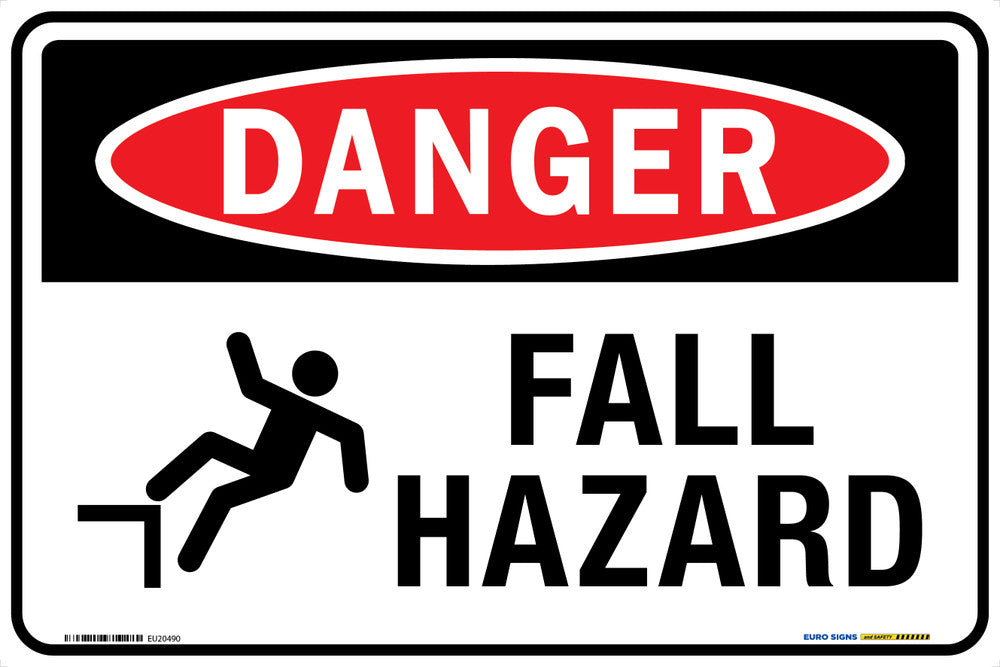 Sign DANGER FALL HAZARD +graphic Wht/Blk/Red - w450 x h300mm METAL