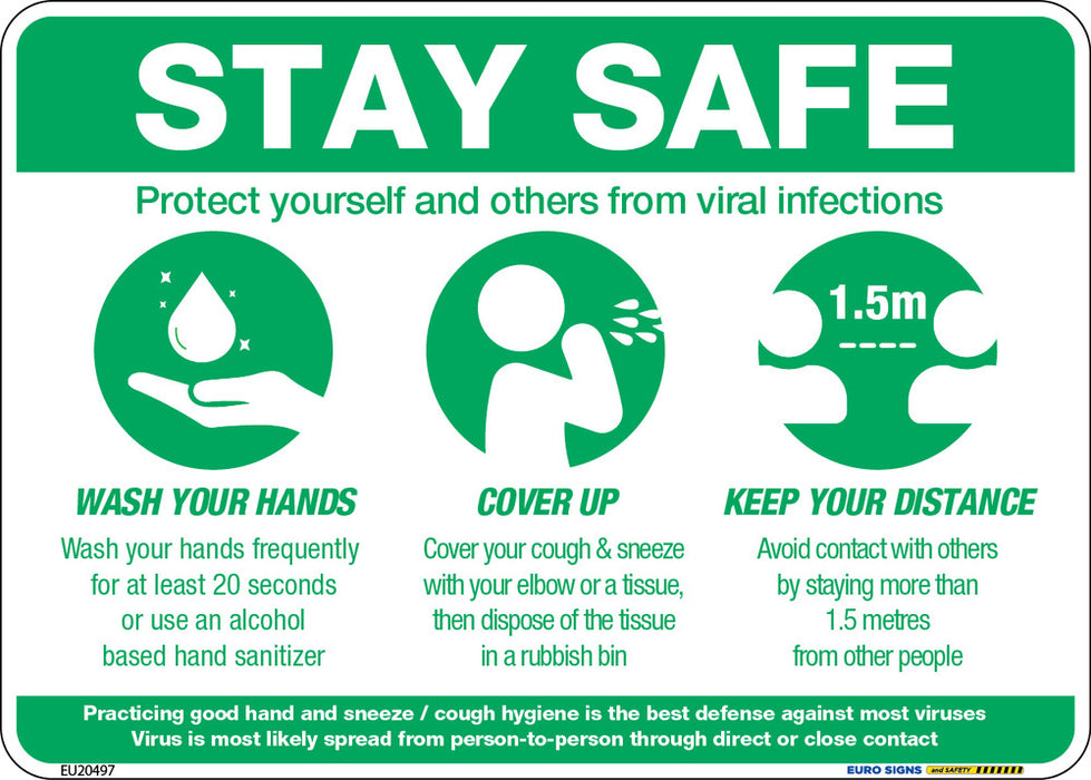 Sign covid STAY SAFE wth instructions +graphics Grn/Wht - w210 x h150mm POLY