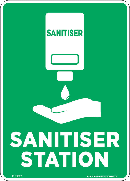 Sign covid SANITISER STATION +graphic Wht/Grn - w210 x h150mm POLY