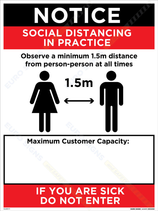 Sign covid SOCIAL DISTANCING MAX CAPACITY wth space to write numb. Wht/Blk/Red - w400 x h600mm CORF