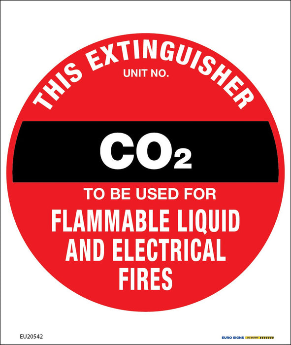 Sign THIS EXTINGUISHER CO2 FLAMMABLE LIQUID +uses Wht/Blk/Red - w190 x h225mm POLY