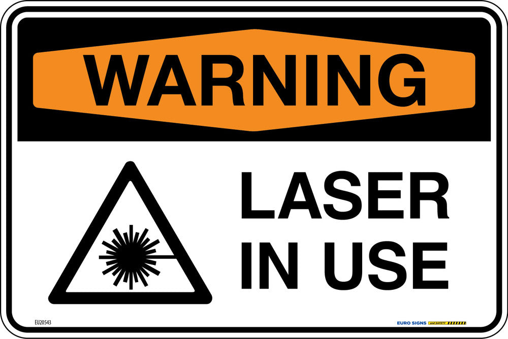 Sign WARNING LASER IN USE Blk/Org/Wht - w450 x h300mm METAL
