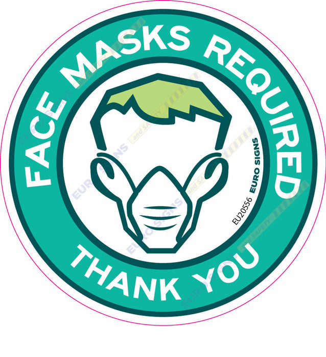 Sign covid FACE MASKS REQUIRED floor sticker Indoor Wht/Blk/Grn - dia 150mm DECAL