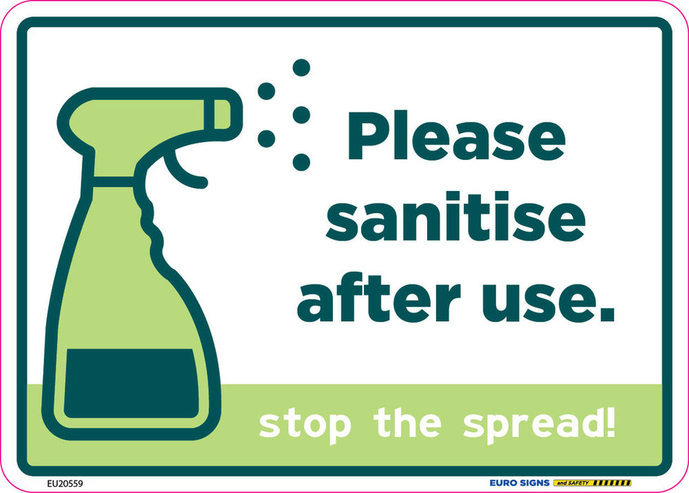Sign covid PLEASE SANITISE AFTER USE +graphics Grn/Wht - w210 x h150mm DECAL