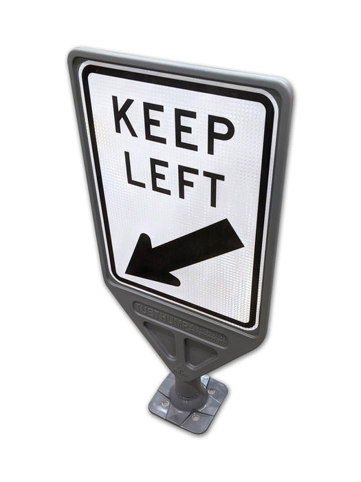 Sign KEEP LEFT + <-- KANGOU post 360 Degree Impact Resistant Class 1 reflc Blk/Wht - w450 x h600mm