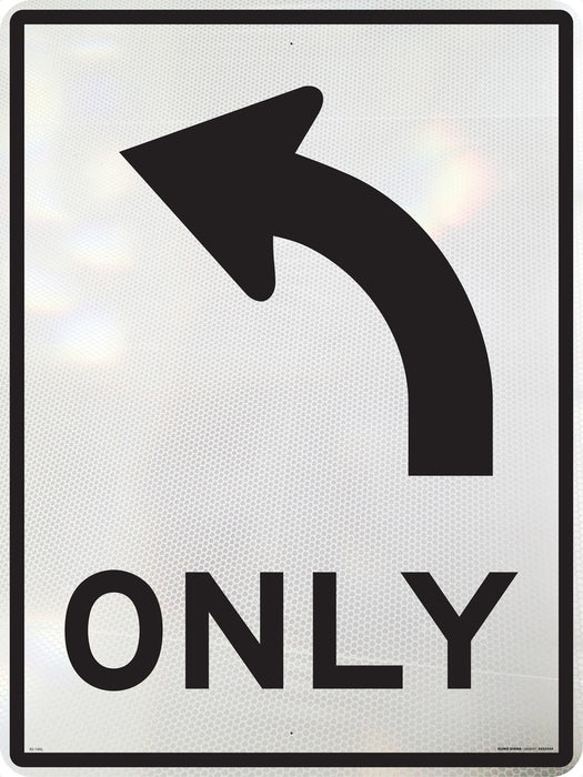 Sign ONE WAY ONLY arrow symb. CURVED LEFT Class1 Refelct. Blk/Wht - w600 x h800mm ALUM