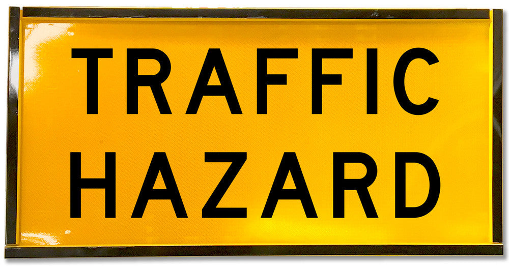 Sign for Box Section TRAFFIC HAZARD Class 1 reflc Blk/Ylw - w1200 x h600mm METAL