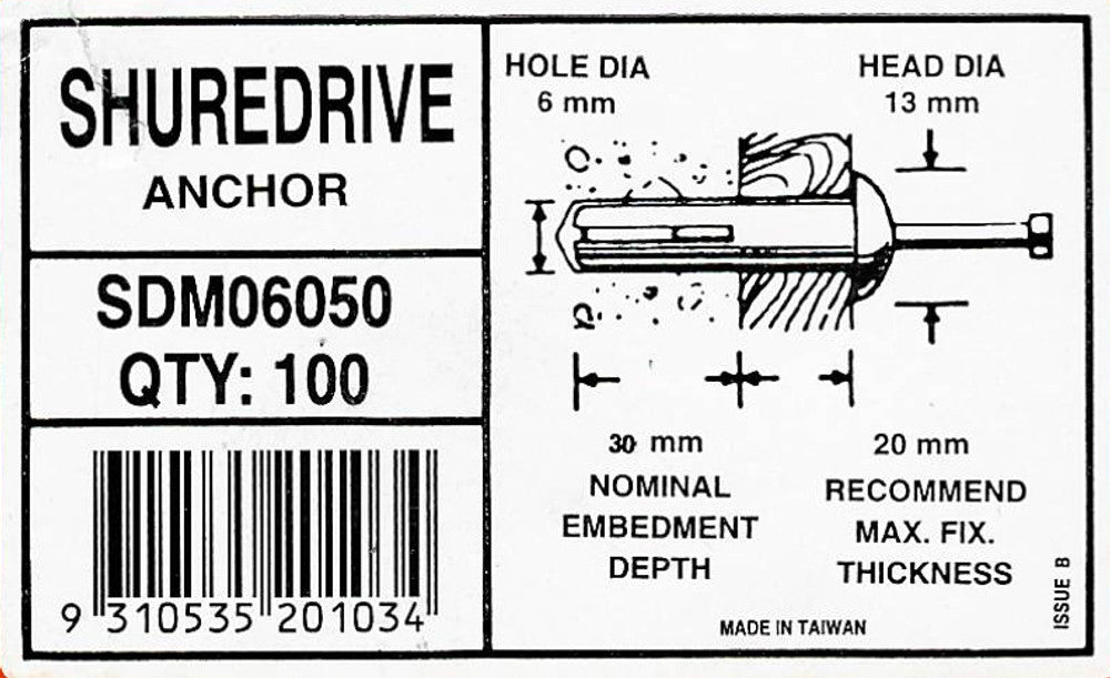 Anchor Metal Tap In - hole dia 6mm x L50mm