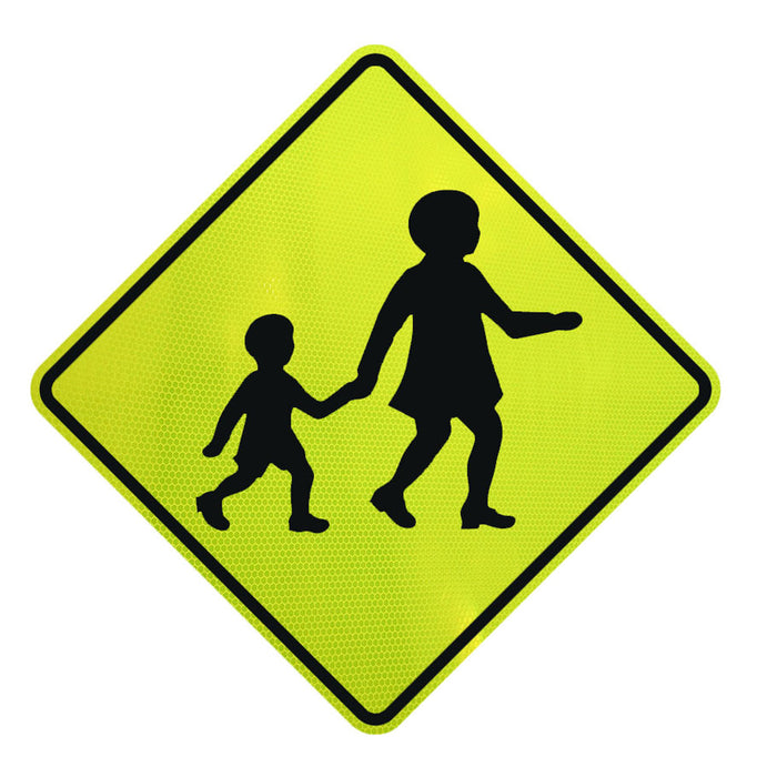 Sign Children Crossing SYMBOL diamond A Class 1 Fluro Blk/ Ylw/Grn - w600 x h600mm ALUM