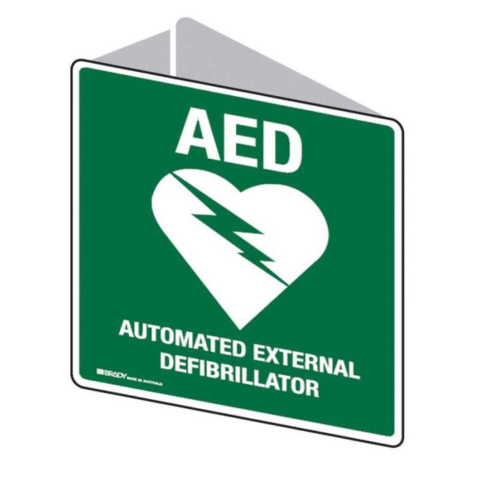 Sign AED +graphic - V d/sided Wht/Grn - 225 x 225mm POLY