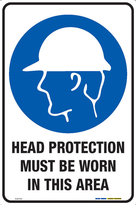 Sign mandatory HEAD PROTECTION MUST BE WORN IN THIS AREA +graphic Blue/Black/White METAL