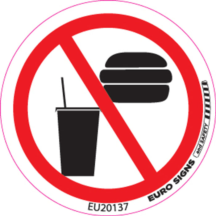 Sign NO FOOD/DRINK round +graphic Black/Red/White DECAL