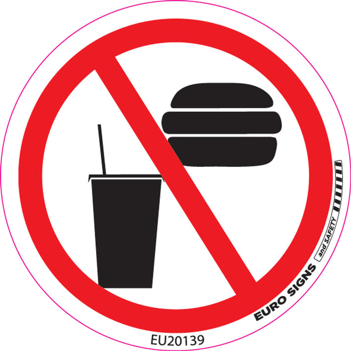 Sign NO FOOD/DRINK round +graphic Black/Red/White DECAL