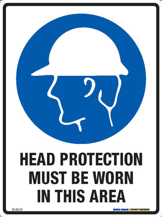 Sign mandatory HEAD PROTECTION MUST BE WORN IN THIS AREA +graphic Blue/Black/White METAL