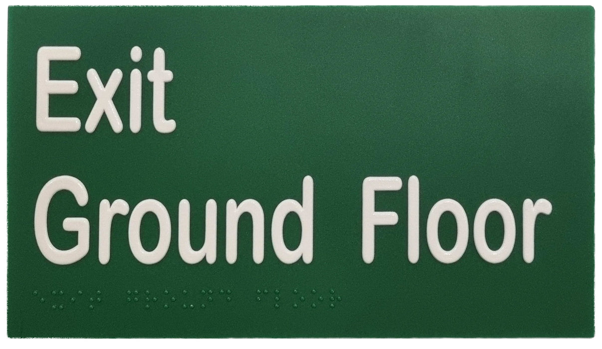 Sign exit Braille EXIT GROUND FLOOR - Grn/Wht - w210 x h120mm POLY