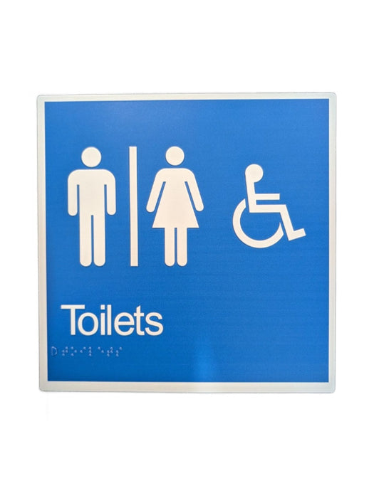 Sign TOILET Braille M/F/D for airlock or corridor Wht/Blu 200 x 200mm ALUM