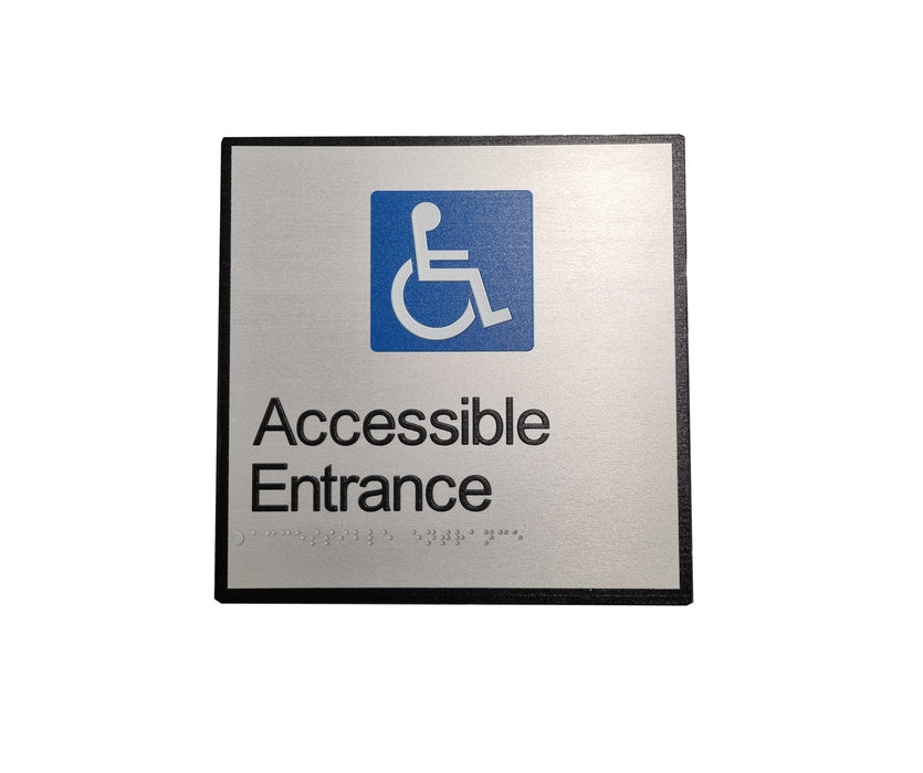 Sign Toilet Braille ACCESSIBLE ENTRANCE Blk/Silver - 200 x 200mm ALUM