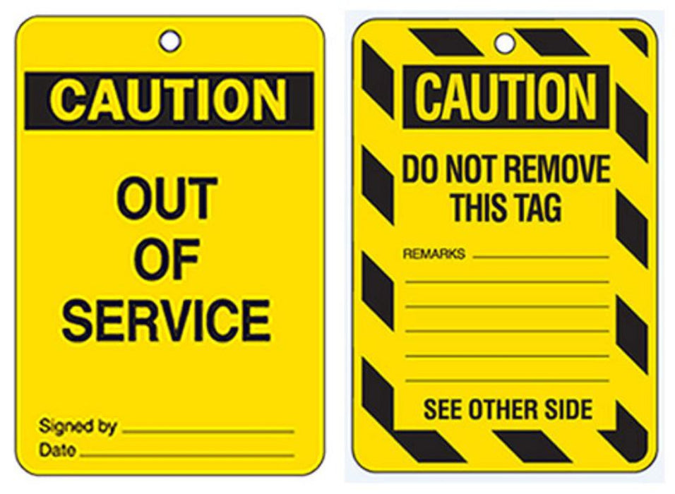 Tag CAUTION OUT OF SERVICE and DO NOT REMOVE THIS TAG - d/sided Blk/Ylw - x 10qty POLY