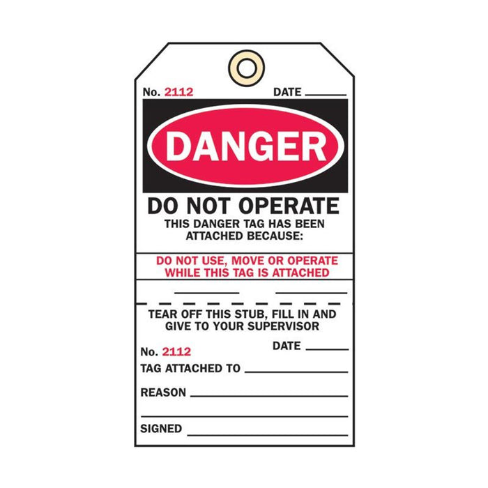 Tag DO NOT OPERATE and DO NOT REMOVE THIS TAG d/sided Tearaway wth hole x 100qty CARD