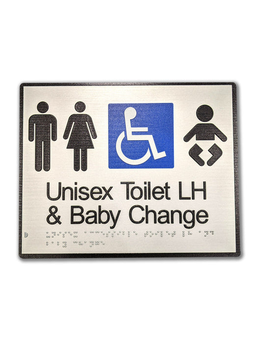 Sign Toilet Braille TOILET & BABY CHANGE Righthnd Blk/Silver - w296 x h200mm ALUM