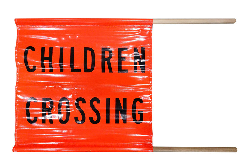 Flag CHILDREN CROSSING with handles d/sided Blk/Org - w600 x h600mm