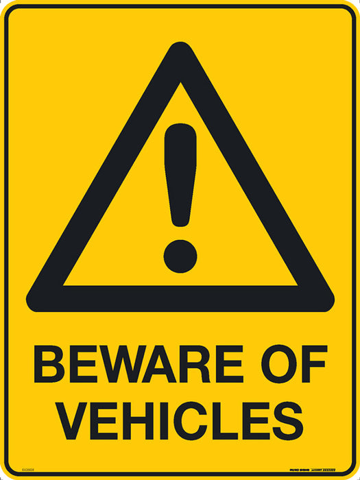 Sign BEWARE OF VEHICLES + ! graphic Blk/Ylw -w450 x h600mm METAL