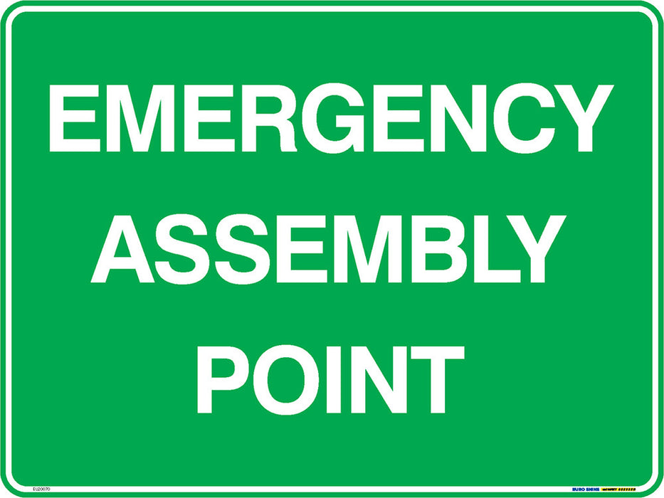 Sign EMERGENCY ASSEMBLY POINT Wht/Grn - w600 x h450mm METAL