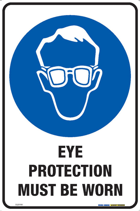 Sign mandatory EYE PROTECTION MUST BE WORN Blue/Blk/Wht - 300mmx450mm - METAL