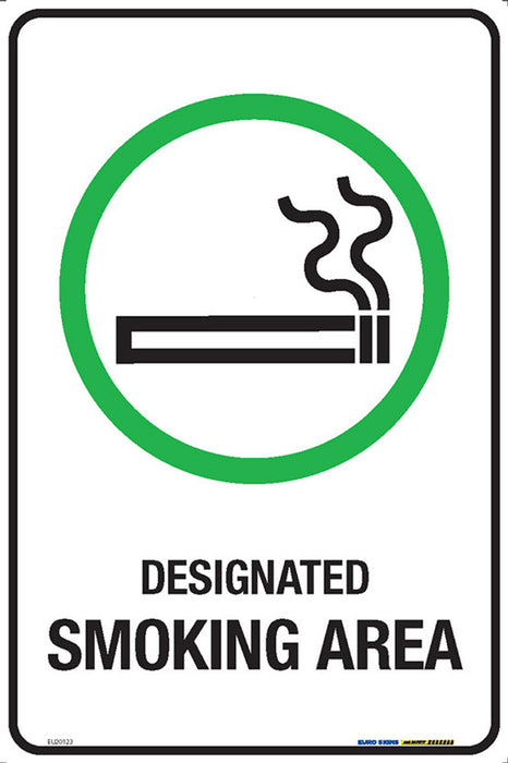 Sign DESIGNATED SMOKING AREA +graphic Wht/Blk/Grn - w300 x h450mm METAL