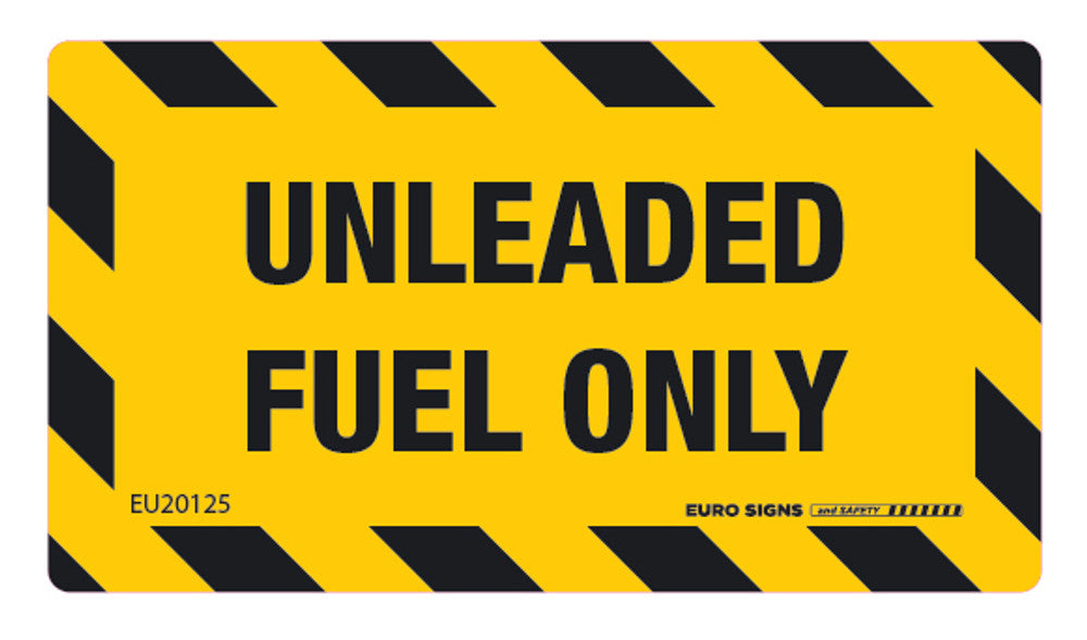 Sign UNLEADED FUEL ONLY chevron border Blk/Ylw - w90 x h50mm DECAL