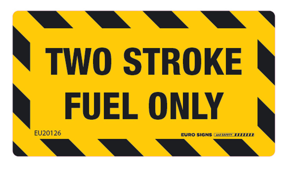 Sign TWO STROKE FUEL ONLY chevron border Blk/Ylw - w90 x h50mm DECAL