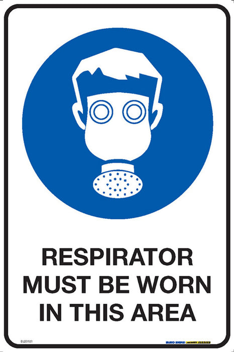 Sign RESPIRATOR MUST BE WORN IN THIS AREA +graphic BLUE/Blk/Wht - w300 x h450mm METAL