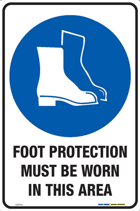 Sign FOOT PROTECT MUST BE WORN IN THIS AREA +graphic BLUE/Blk/Wh - w300 x h450mm METAL