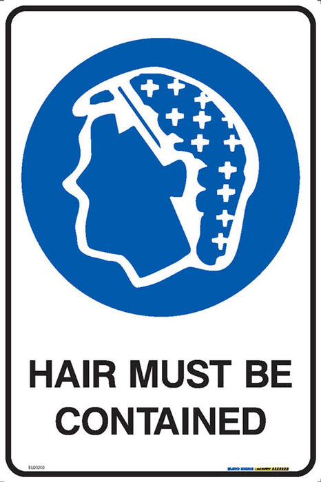 Sign HAIR MUST BE CONTAINED +graphic BLUE/Blk/Wht - w300 x h450mm METAL