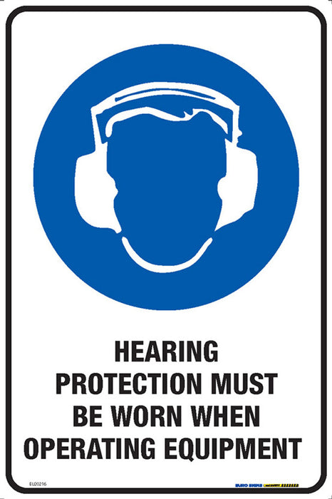 Sign HEARING PROTECT MUST BE WORN... +graphic BLUE/Blk/Wht - w300 x h450mm METAL