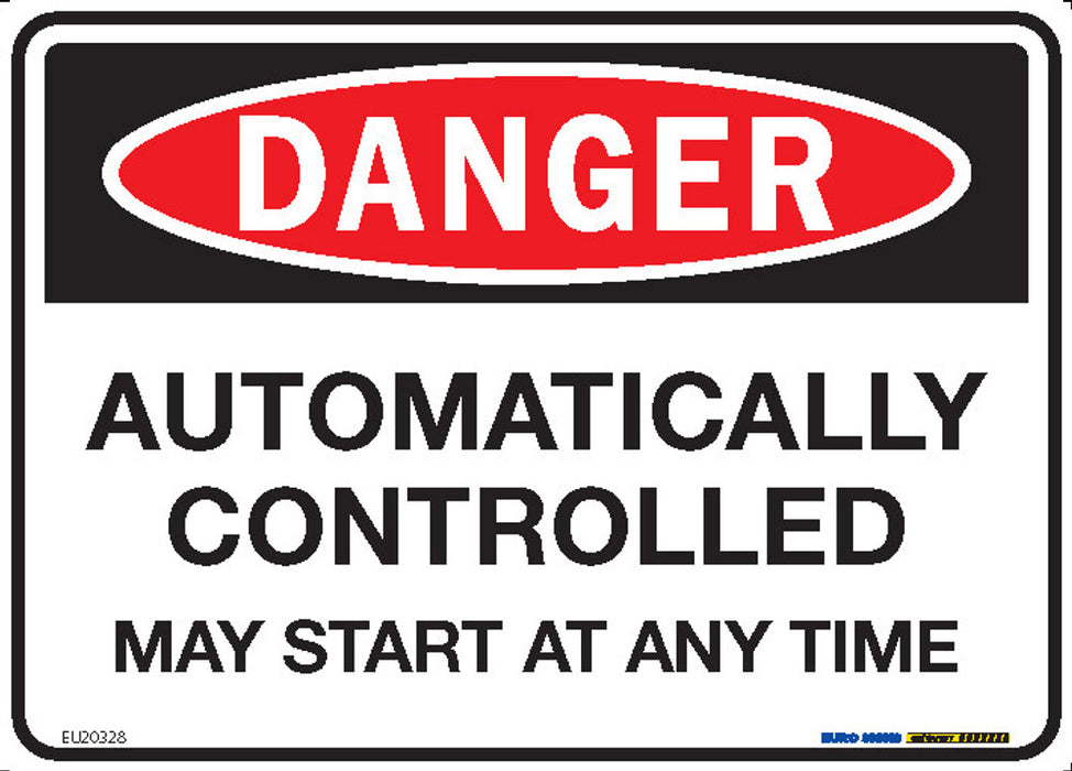 Sign DANGER AUTOMATICALLY CONTROLLED MAY START ANYTIME Wht/Blk/Red - w250 x h180mm DECAL