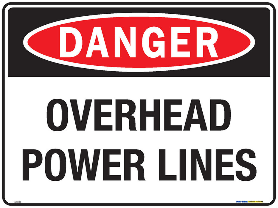 Sign DANGER OVERHEAD POWERLINES Wht/Blk/Red - w600 x h450mm METAL