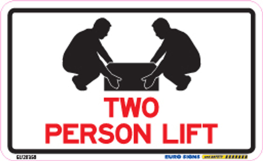 Sign TWO PERSON LIFT +graphic Blk/Red/Wht - w90 x h55mm DECAL