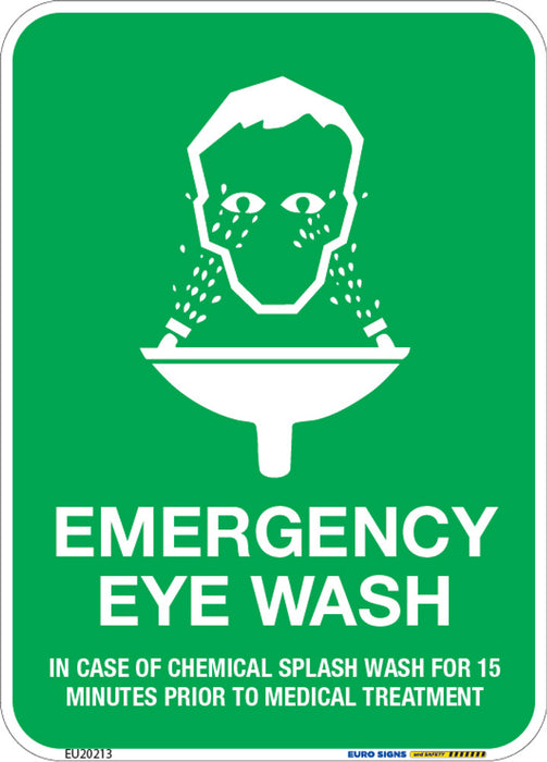 Sign EMERGENCY EYE WASH wth instructions Wht/Grn - w90 x h125mm DECAL
