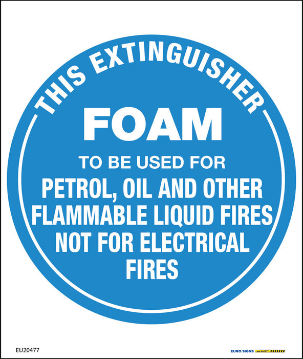 Sign THIS ESTINGUISHER FOAM +uses Wht/Blue - w190 x h225mm POLY