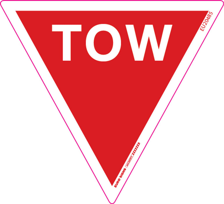 Sign TOW triangle Wht/Red - w90 x h100mm DECAL
