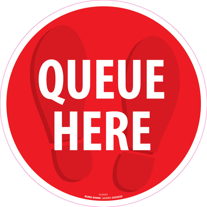 Sign covid QUEUE HERE Floor Sticker Indoor Wht/Red - dia 430mm DECAL