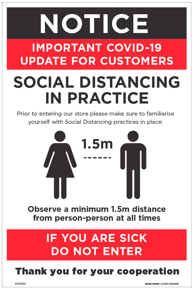 Sign covid instructions SOCIAL DISTANCING etc +graphic Wht/Blk/Org - w ...