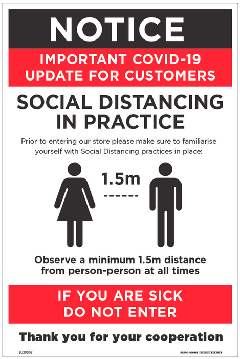 Sign covid instructions SOCIAL DISTANCING etc +graphic Wht/Blk/Red - w600 x h900mm CORF