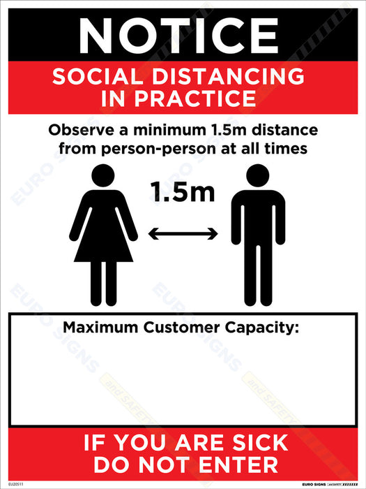 Sign covid SOCIAL DISTANCING MAX CAPACITY wth space to write numb. Wht/Blk/Red - w400 x h600mm CORF