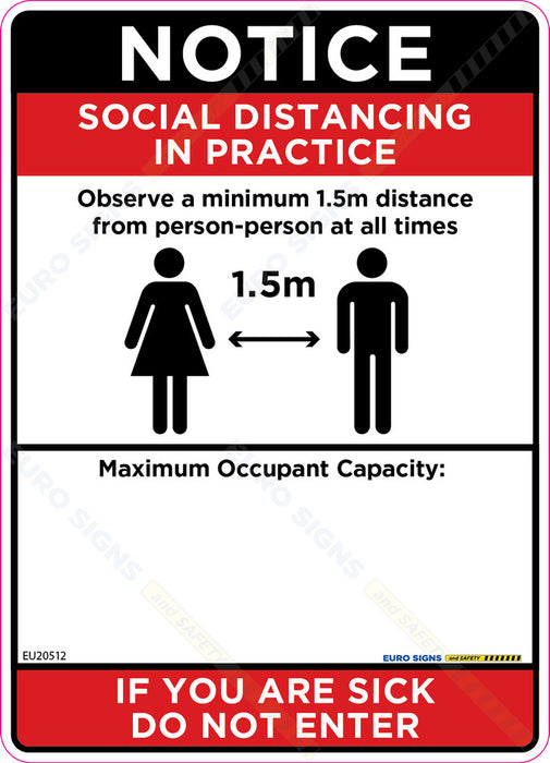 Sign covid SOCIAL DISTANCING MAX CAPACITY wth space to write numb. Wht/Blk/Red - w180 x h250mm DECAL