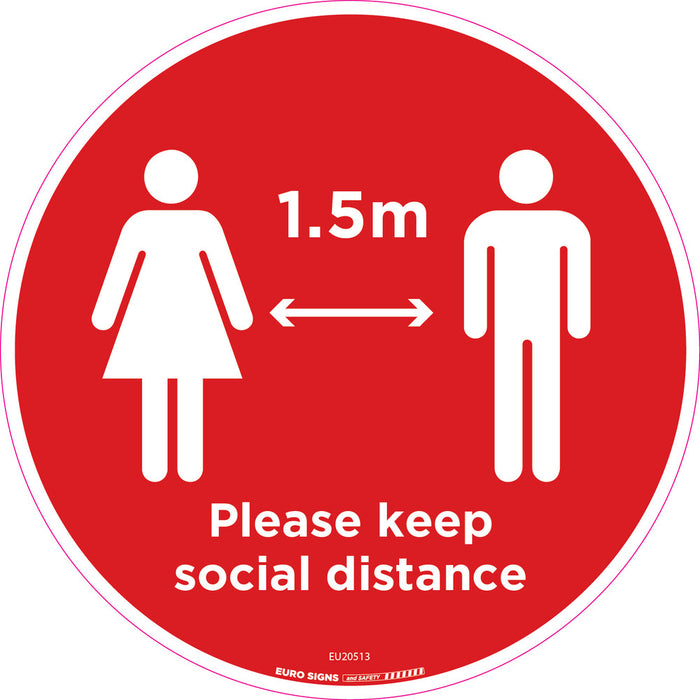 Sign covid PLEASE KEEP SOCIAL DISTANCE Floor Sticker Indoor Red/Wht - dia 250mm DECAL