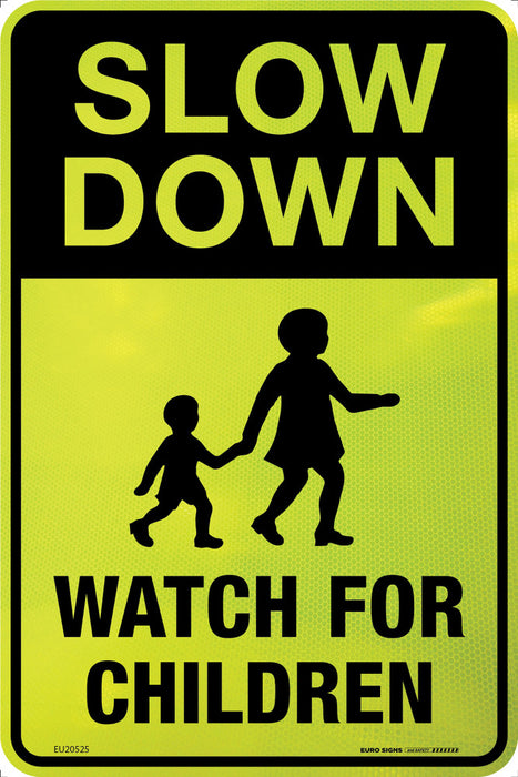 Sign SLOW DOWN WATCH FOR CHILDREN +graphic Blk/FluroYlwGrn - w300 x h450mm ALUM