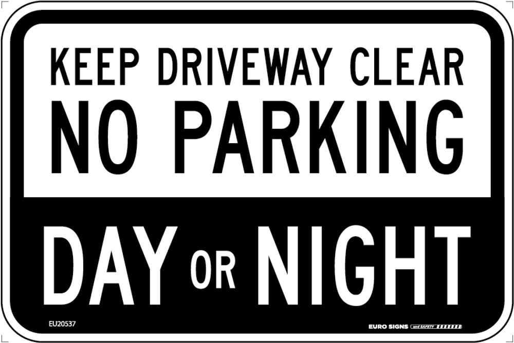 Sign NO PARKING DAY OR NIGHT Wht/Blk - w300 x h200mm ALUM
